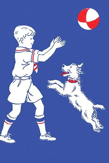 The cover art for a developmental reading book showing a child playing ball with his dog. Poster Print by Julia Letheld Hahn - Item # VARBLL0587274409