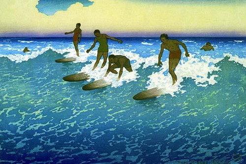 Five surfers riding waves by Charles William Vartlett Poster Print by Charles William Bartlett