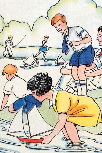 A little girl launches her sailboat at the park as her family looks on. Poster Print by Julia Letheld Hahn - Item # VARBLL058727509x