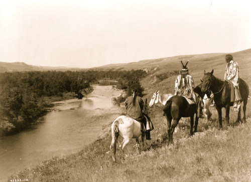 Three Piegan Indians and four horses on hill above river Poster Print - Item # VARBLL058747144L