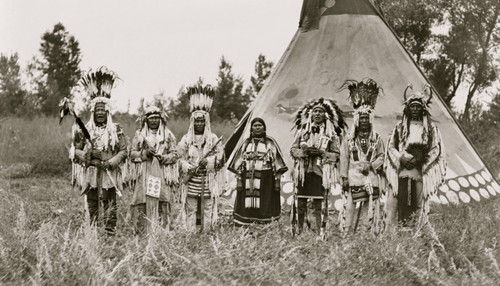Group of Siksika men and one woman singing in front of tipi Poster Print - Item # VARBLL058751267L