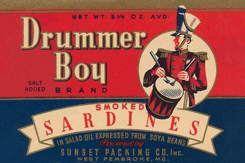 A can label for Drummer Boy brand smoke sardines.  Made in the USA, they were packed in salad oil expressed from soy beans, and had salt added.  The Sunset Packing co of West Pembroke, Maine. Poster Print by Unknown - Item # VARBLL0587239530