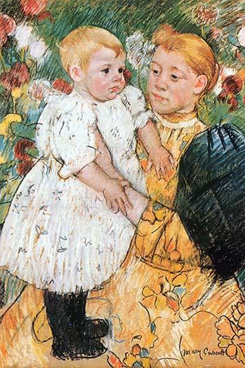 Woman holds up a 2 year old on her knees in the garden Poster Print by Mary  Cassatt - Item # VARBLL0587257822