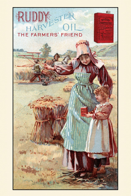 Victorian trade card for Ruddy Harvester Oil - The Farmers Friend.  A woman shows she daughter the oil can and points to the farmer, dad, on the thresher gathering bales of wheat. Poster Print by unknown - Item # VARBLL0587391464