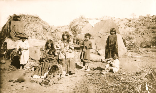 A group of Apache Indians in front of their thatched huts. Poster Print