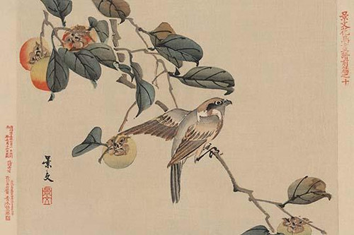 Bird perched on a branch from a fruit persimmon tree. Poster Print by Keibun  Matsumura - Item # VARBLL0587236019