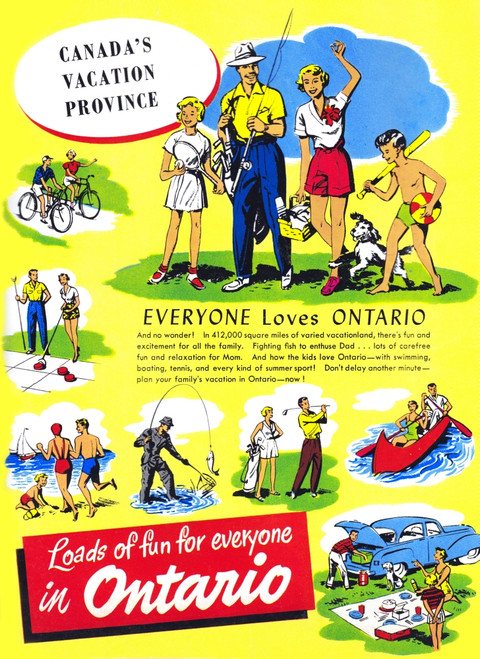 Back cover to a publication on tourism to Canada.  Promoting Canada's Vacation Provence; Ontario.  Showing many activities from fishing to golfing. Poster Print by unknown - Item # VARBLL0587442654