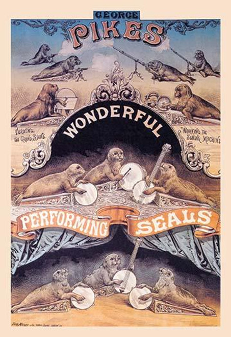 George Pike's wonderful performing seals.  Shown are scenes of the mammals firing guns and playing instruments.  Published in London by Tom Merry Litho. Poster Print by Tom Merry Lithographers - Item # VARBLL0587028793