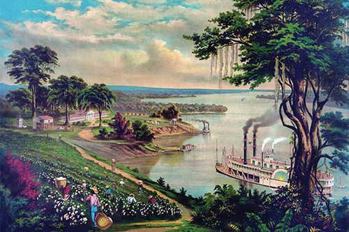 A "View on the lower Mississippi."  African Americans picking cotton, riverboats on river, plantation house in distance. Poster Print by Calvert - Item # VARBLL0587231939