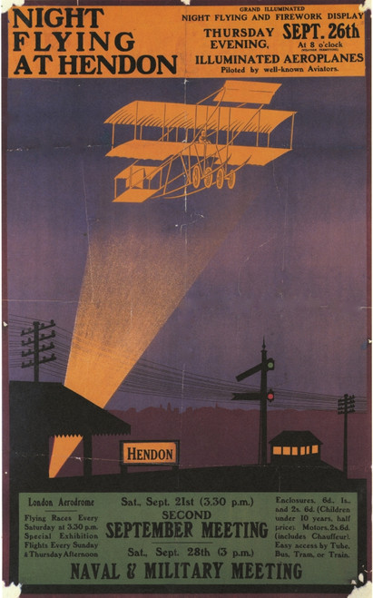 Biplane that looks like a Box Kite flies under a searchlight beam at the Henden Aerodrome. There is a Naval & Military Meeting Poster Print by Unknown - Item # VARBLL0587351349