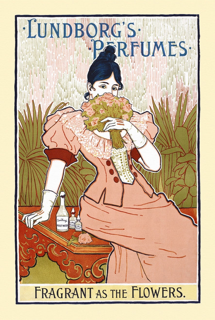 A woman holds a bouquet of flowers with bottles of perfumes next to her. Poster Print - Item # VARBLL0587414480