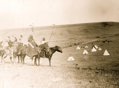 Four Atsina Indians on horseback overlooking tepees in valley beyond. Poster Print - Item # VARBLL058747459L