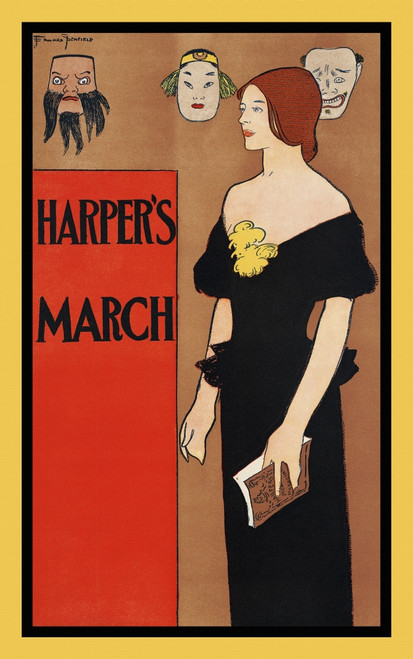 A woman stands holding a magazine with three masks behind her. Poster Print by  Edward Penfield - Item # VARBLL0587415428