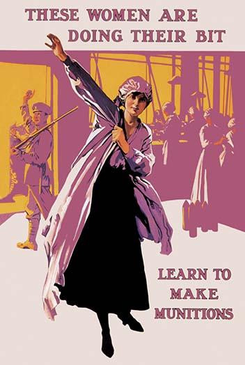 A British recruitment poster urging women to work in the munitions factories.  A "new" member of the workforce heads to her job as a soldier, in the background, heads off to war. Poster Print by unknown - Item # VARBLL0587009810