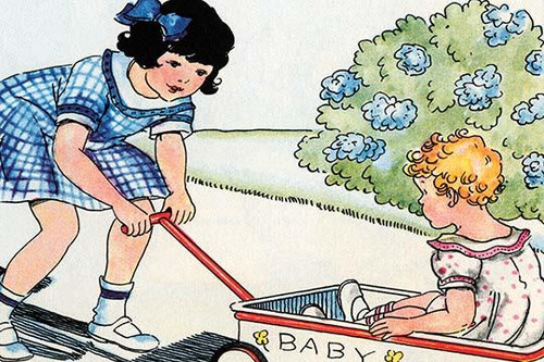 A little girl pulls her baby sister in a wagon. Poster Print by Julia Letheld Hahn - Item # VARBLL0587274611