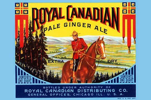 A royal Canadian mounty on horseback is the focal point of this soda label for ginger ale. Poster Print by unknown