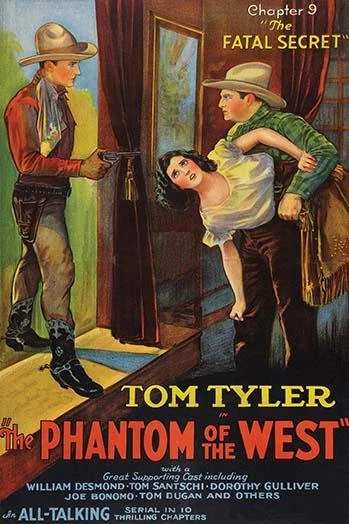 One cowboy has a girl lifted under his arms, another has his pistol raised at them Poster Print by Unknown