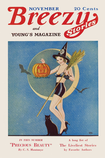 Cover to Breezy stories showing a witch holding a jack-o-lantern.  Bats, her black cat, and a large eclipsed moon fill out the balance of the magazine cover. Poster Print by CAL - Item # VARBLL0587344768