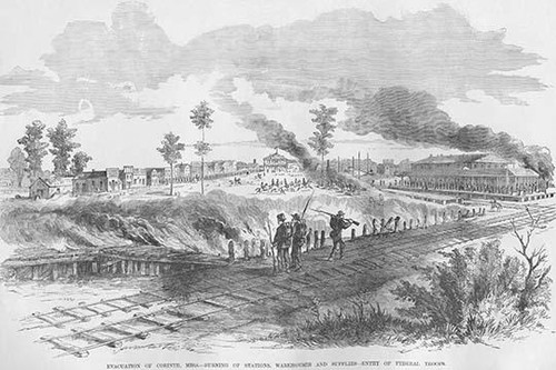 Evacuation of Corinth, Mississippi by Railroad Tracks; burning of Warehouses Poster Print by Frank  Leslie - Item # VARBLL0587324546