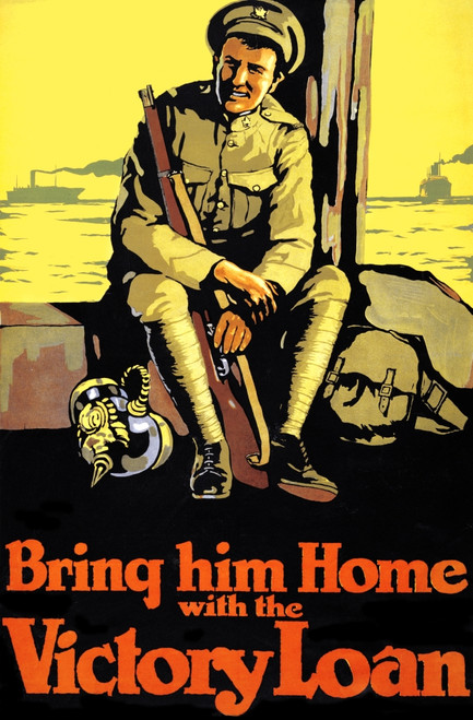 Poster showing a soldier with his rifle and kit, waiting on a dock. Poster Print by Unknown - Item # VARBLL0587440937