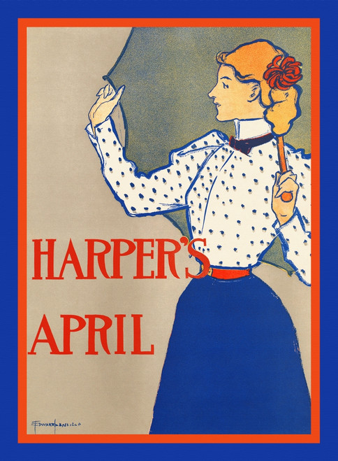 A woman stands holding an umbrella open above her. Poster Print by  Edward Penfield - Item # VARBLL0587414847