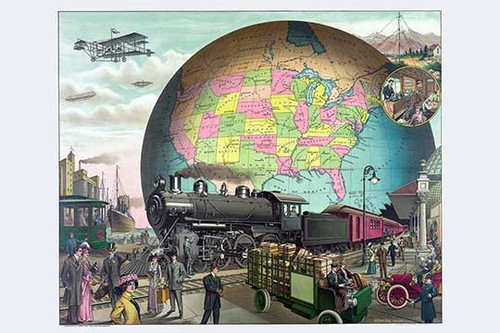 People, train, automobile, trolley, and truck at railroad station, with airplanes and ship in background, in front of large globe; with insert of people working in communications office. Poster Print by Delmont Co. - Item # VARBLL0587230673