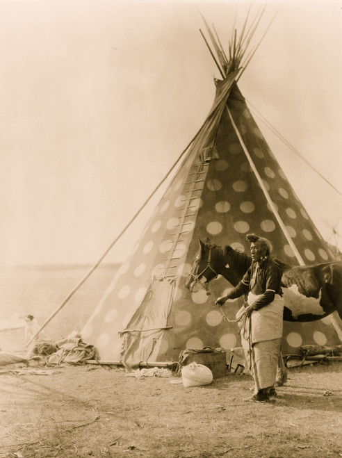 Blackfoot Indian,Bear Bull holding horse outside tipi Poster Print