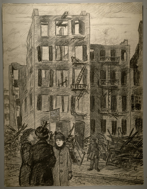 Three women standing across street from the burned-out shell of a building from which hangs the sign, "Girls wanted." A policeman stands guard in front of the ruins. Poster Print - Item # VARBLL058750106L