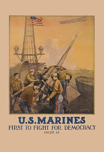 Marines load and fire a deck gun of a naval warship on this WWI recruitment poster. Poster Print by Leon Alaric Shafer - Item # VARBLL0587204842