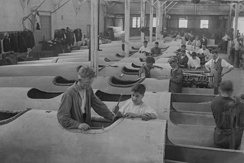 Plane Bodies Lined up at College Point Manufacturing Plant Poster Print by unknown