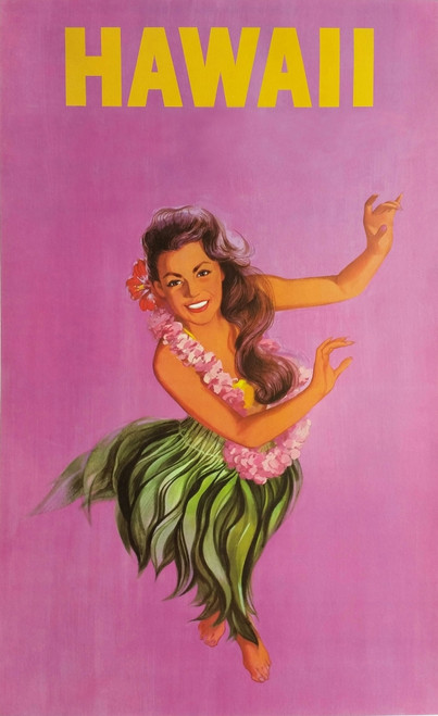 Airline travel poster to encourage vacations on the exotic Hawaiian islands.  A woman, viewed from above, is doing a traditional Hula dance. Poster Print by anonymous - Item # VARBLL0587383100