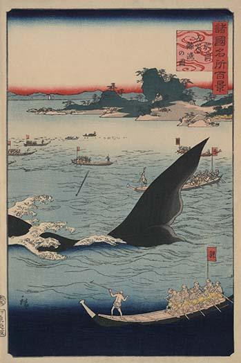 Japanese print of Whalers armed with harpoons hunting whales.  From the series: Shokokumreisho hyakkei : One hundred famous views of the country.   Done by Utagawa Hiroshige in 1859 Poster Print by Utagawa Hiroshige - Item # VARBLL0587230088