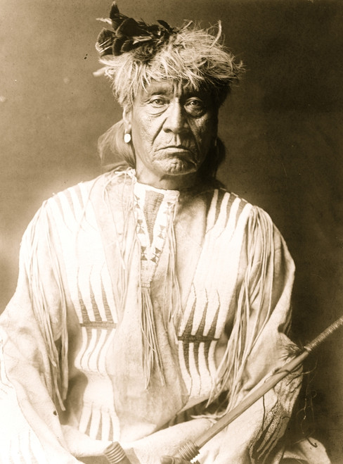 Atsina Indian, Red Whip, half-length portrait, seated, facing front, wearing feather, beaded buckskin shirt, holding pipe in left hand Poster Print - Item # VARBLL058747489L