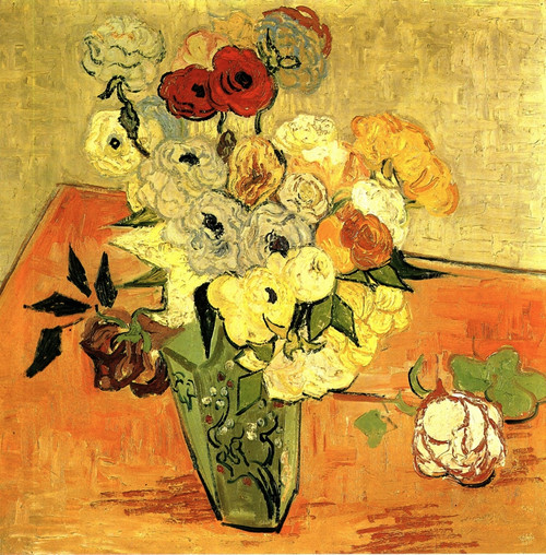 Still Life Japanese Vase with Roses and Anemones Poster Print