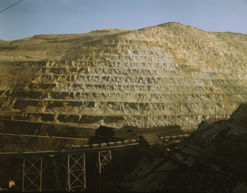 Open-pit workings of the Utah Copper Company, Bingham Canyon, Utah. This is the Carr Fork side from which the company obtains huge amounts of ore. The Carr Fork bridge and main shops appear in the foreground Poster Print - Item # VARBLL058750771L