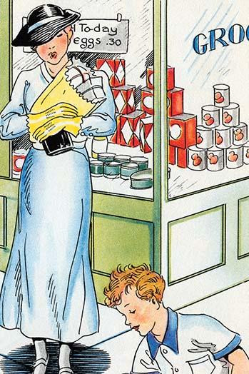 A young boy picks up a sugar box which fell from the lady's bag on her shopping trip. Poster Print by Julia Letheld Hahn - Item # VARBLL0587274514