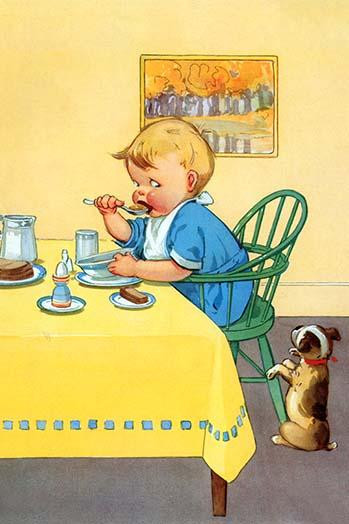 A little puppy begs at the side of the table as a little boy eats a healthy breakfast. Poster Print by Mildred Plew Merryman - Item # VARBLL0587315210