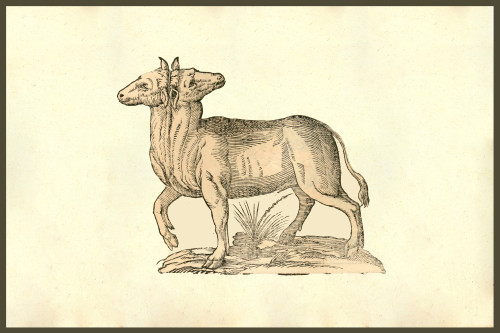 Vitulus biceps capitibus in occipitio copulatis, two-headed calf.   From the 1642 book Monstrorum Historia by Ulisse Aldrovandi .   He is considered the founder of modern Natural History. Poster Print by Ulisse Aldrovandi - Item # VARBLL058741801x