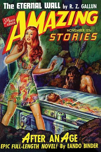 A pulp magazine cover from November 1942 about futuristic people from the past waking in a future world that regressed back to the stone age. Poster Print by Robert Gibson Jones - Item # VARBLL0587278579