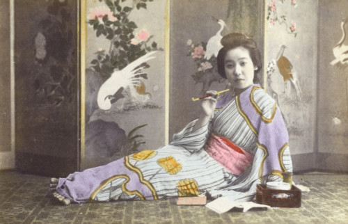 Japan - Reclining Geisha Girl Smoking Poster Print By Mary Evans / Grenville Collins Postcard Collection - Item # VARMEL10425660