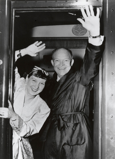 Republican Presidential Candidate Dwight Eisenhower And Wife Mamie Wave From Their Campaign Train. July-Nov. 1952. They Are Wearing Dressing Gowns. - History - Item # VAREVCHISL039EC088