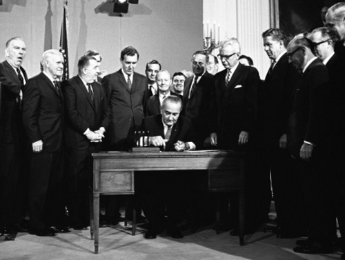 Lbj'S Great Society Programs. President Lyndon Johnson Signing The Clean Air Act. Others Present Include Sec. Arthur Goldberg History - Item # VAREVCHISL033EC155