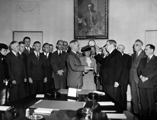 Chief Justice Harlan F. Stone Administering The Oath Of Office To Harry S. Truman In The Cabinet Room Of The White House History - Item # VAREVCHCDLCGCEC839