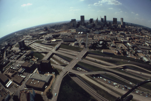Fisheye Aerial View Of The Complex Concrete Ribbons Dividing And Merging In Los Angeles. Ca. 1973-75. History - Item # VAREVCHISL031EC200