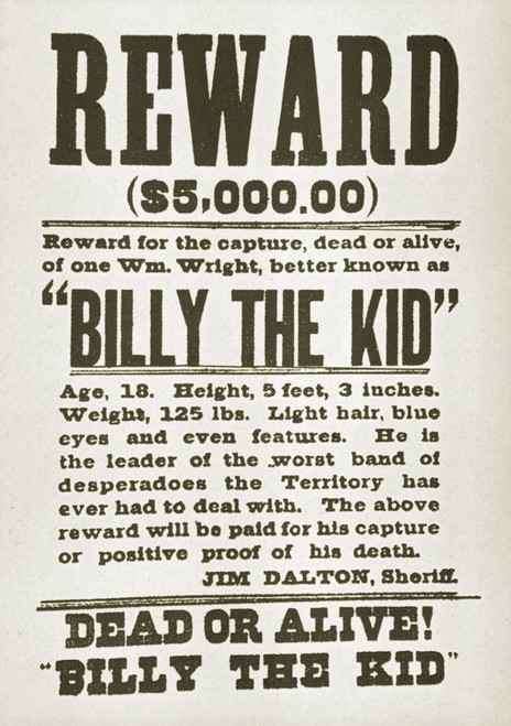 Wanted Poster For Billy The Kid Offering 5000 Dollars Reward History - Item # VAREVCHISL018EC062
