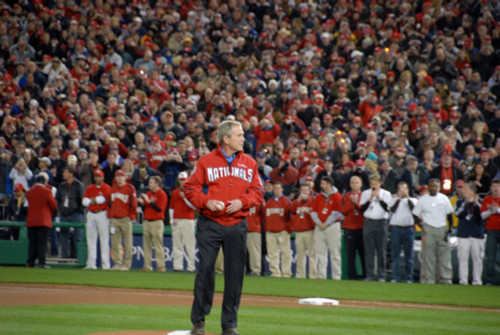 President George W. Bush Throws Out The First Ball Of The Season Opener At Nationals Park In Washington D.C. March 30 2008. History - Item # VAREVCHISL028EC182 President George W. Bush Throws Out The First Ball Of The Season Opener At Nationals Park In Washington D.C. March 30 2008. History - Item # VAREVCHISL028EC182