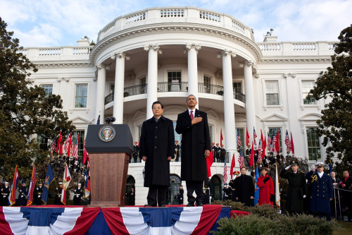 Welcoming Ceremony For Chinese President Hu Jintao On The South Lawn Of The White House. President Obama Salutes During The Us National Anthem. Jan. 19 2011. History - Item # VAREVCHISL026EC212 Welcoming Ceremony For Chinese President Hu Jintao On The South Lawn Of The White House. President Obama Salutes During The Us National Anthem. Jan. 19 2011. History - Item # VAREVCHISL026EC212