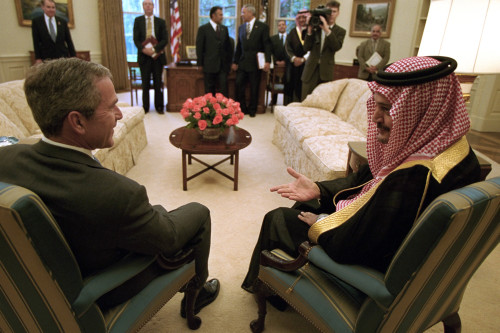 President George W. Bush Meets With Foreign Minister Saudi Al-Fail Of Saudi Arabia History - Item # VAREVCHISL039EC911 President George W. Bush Meets With Foreign Minister Saudi Al-Fail Of Saudi Arabia History - Item # VAREVCHISL039EC911