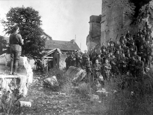 World War I American Soldiers Of The 101St Field Signal Battalion At Services In The Ruins Of A Church Destroyed By Shell Fire. Verdun History - Item # VAREVCHISL034EC528