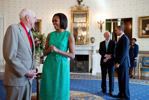 Michelle Obama Laughs With National Humanities Medal Honoree Wendell E. Berry. In The Background Are President Obama And National Endowment For The Arts Chairman Rocco Landesman. March 2 2011 History - Item # VAREVCHISL027EC069